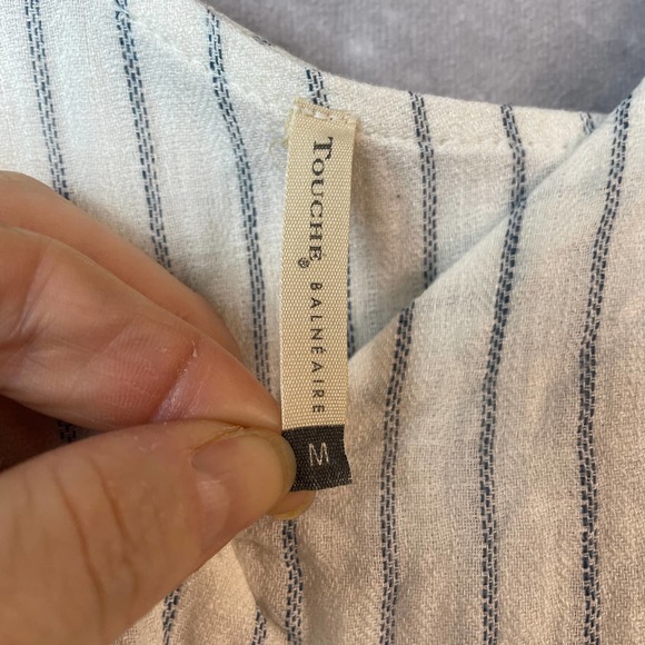 Touche Balneaire Dress Womens Medium 100% Linen Ruffle Tired Blue Cream - Picture 3 of 10